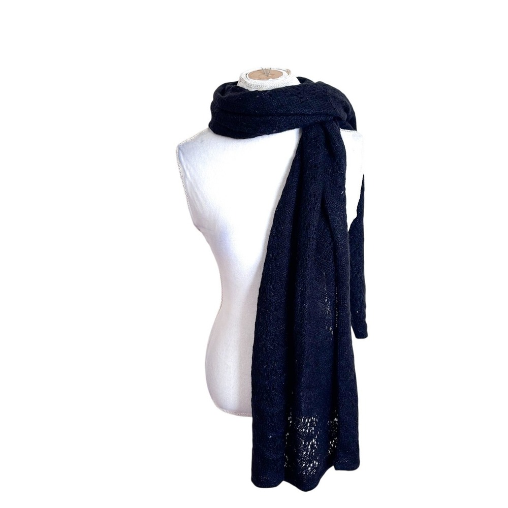 Ann Taylor LOFT Womens Pointelle Knit Vintage Scarf Wrap Black Wool‎ Mohair OS